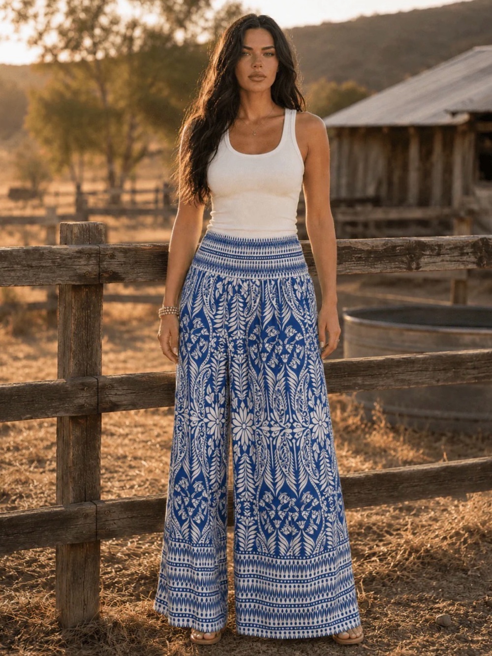 🌟B714. Boho Chic Print Smocked Waist Wide Leg Pants